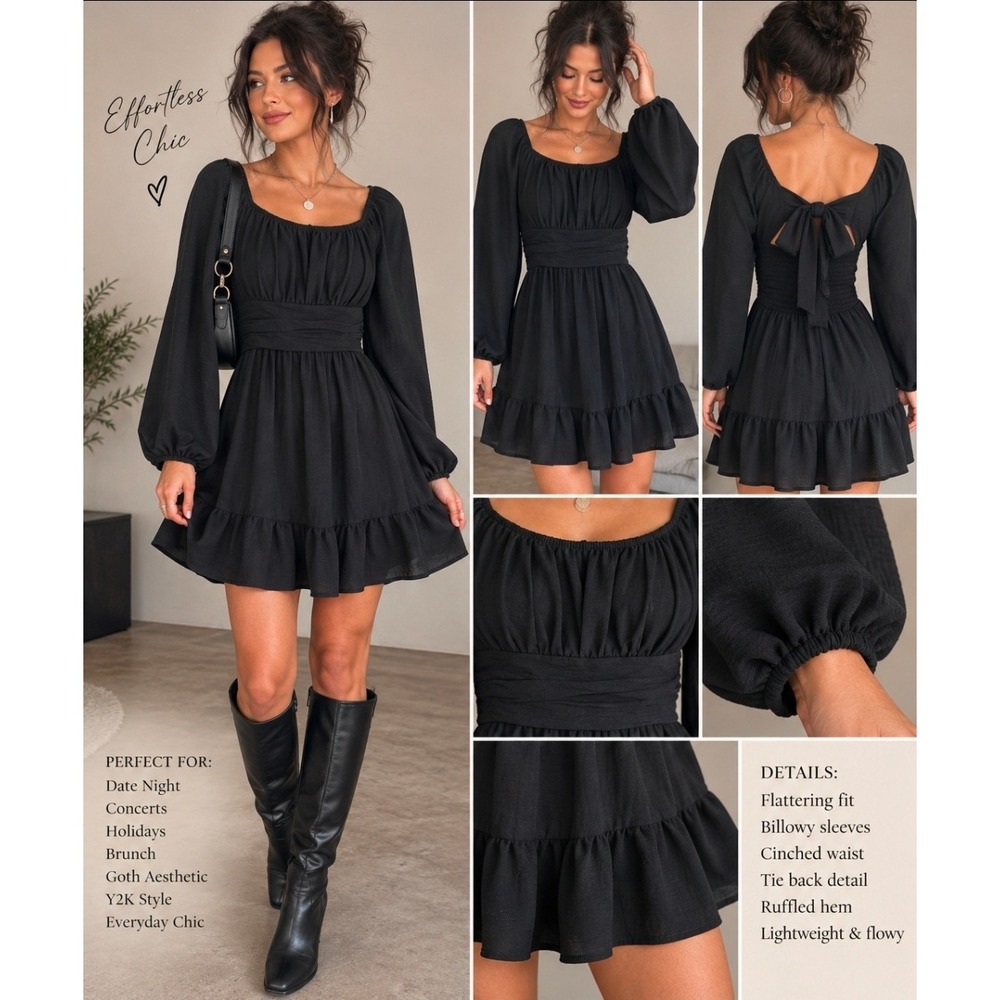 Whimsigoth Long Sleeve Ruffle Mini Dress Off Shoulder Open Tie Back Size M